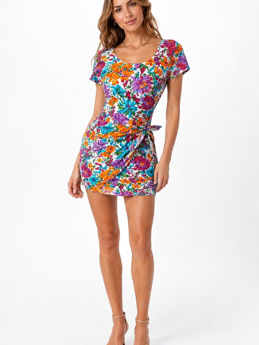Vintage 90s Colorful Floral Mini Dress Wrap Front Tie Coquette XS/XXS Petite